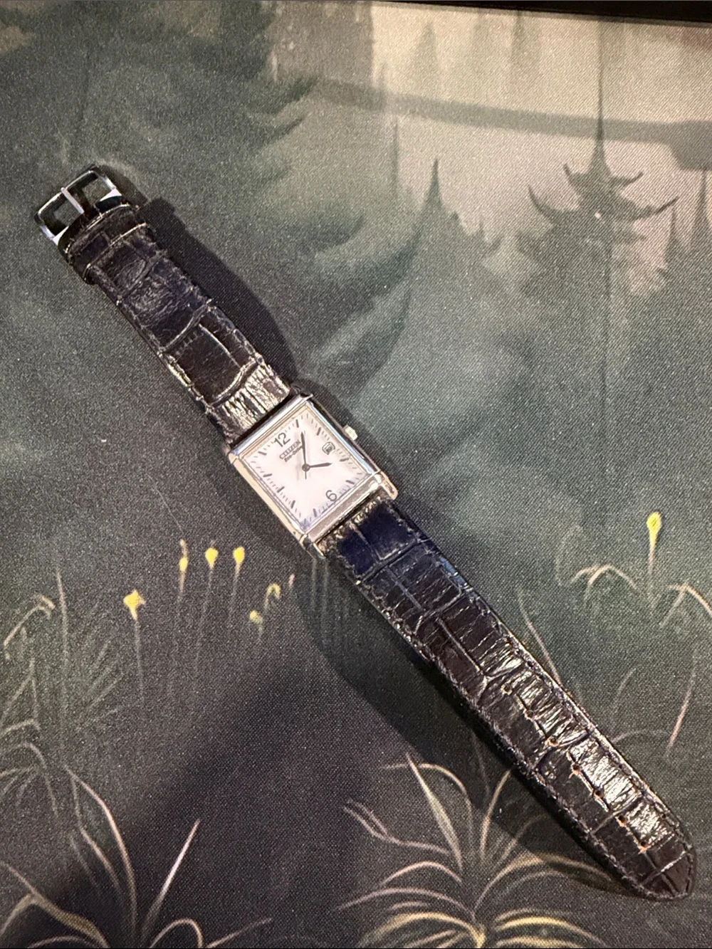 Citizen Black Croc-Pattern Leather Strap Silver Square Dial Watch